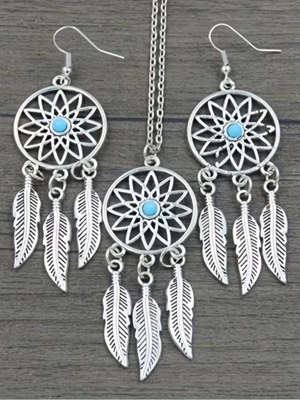 Silver Dreamcatcher Feather Necklace & Earrings Set with Turquoise Accents